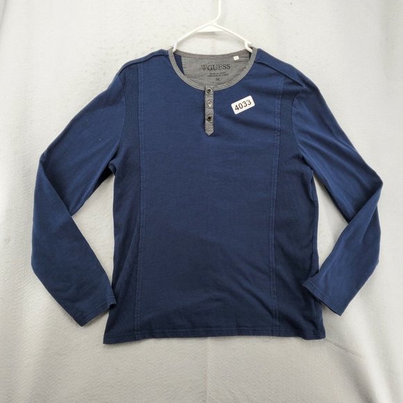 Guess Shirt Men's Long Sleeve Snap Up Henley Pullover Tee Blue Medium - Picture 3 of 12